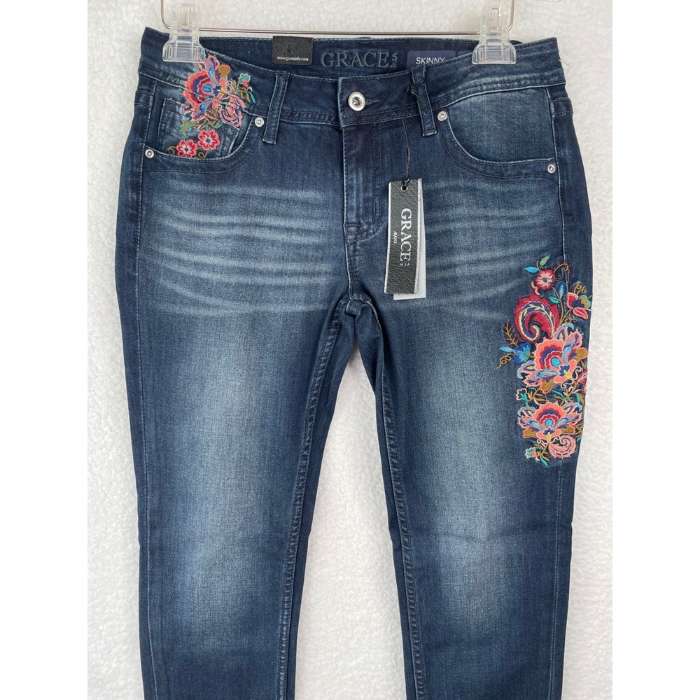 Grace in LA Womens Skinny Jeans Dark Wash Floral Embroidered Size 29 NEW - Picture 2 of 13